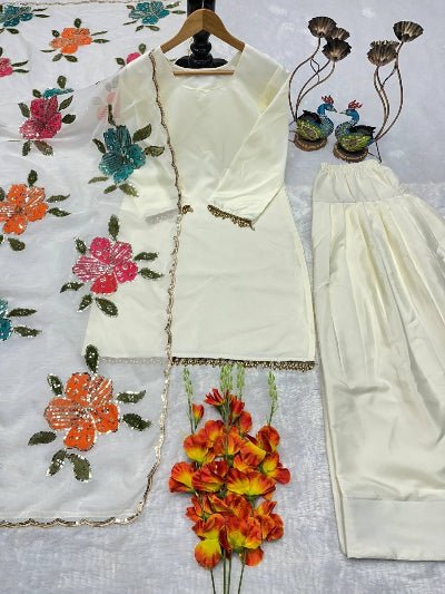 Ivory Cream Crepe Farshi Suit Set with Floral Organza Dupatta - BONYHUBSALWAR KAMEEZ