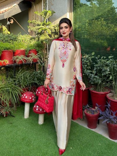 Ivory Cream Embroidered Farshi Salwar Suit Set for Women | Asian Ethnic Wear UK - BONYHUBSALWAR KAMEEZ