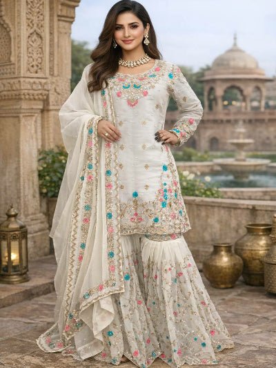 Ivory Cream Embroidered Moti Work Gharara Set - BONYHUBSALWAR KAMEEZ