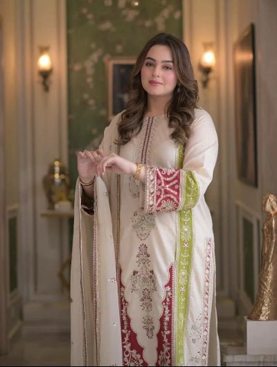 Ivory Cream Embroidered Roman Silk Suit with Dupatta for Women |Asian Ethnic Wear UK - BONYHUBSALWAR KAMEEZ