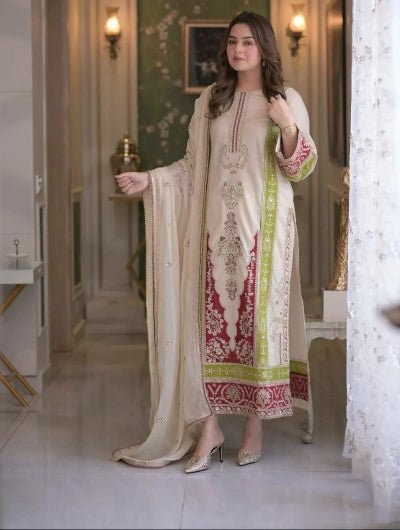 Ivory Cream Embroidered Roman Silk Suit with Dupatta for Women |Asian Ethnic Wear UK - BONYHUBSALWAR KAMEEZ