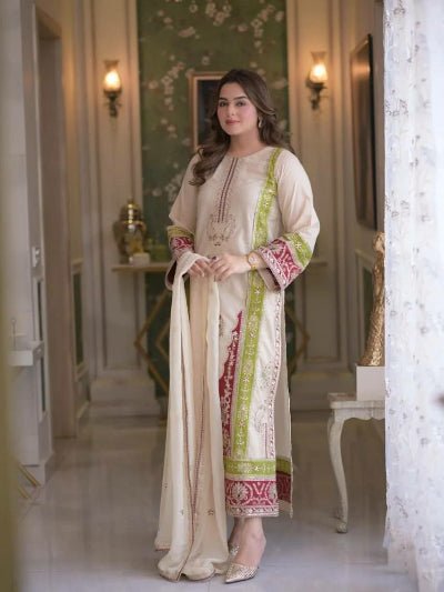 Ivory Cream Embroidered Roman Silk Suit with Dupatta for Women |Asian Ethnic Wear UK - BONYHUBSALWAR KAMEEZ