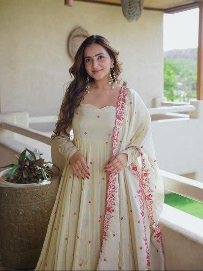 Ivory Cream Embroidered Silk Anarkali Gown Suit Set for Women - BONYHUBSALWAR KAMEEZ