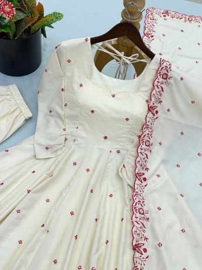 Ivory Cream Embroidered Silk Anarkali Gown Suit Set for Women - BONYHUBSALWAR KAMEEZ