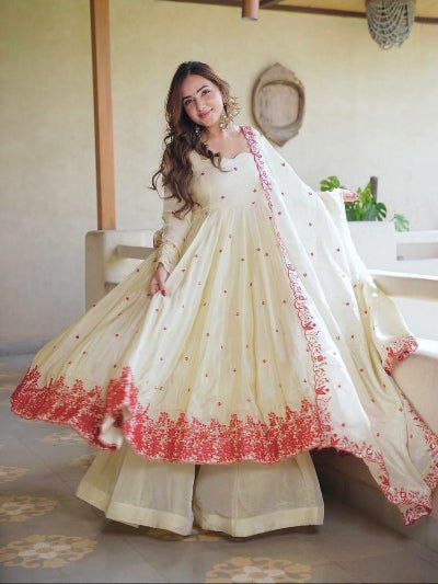 Ivory Cream Embroidered Silk Anarkali Gown Suit Set for Women - BONYHUBSALWAR KAMEEZ