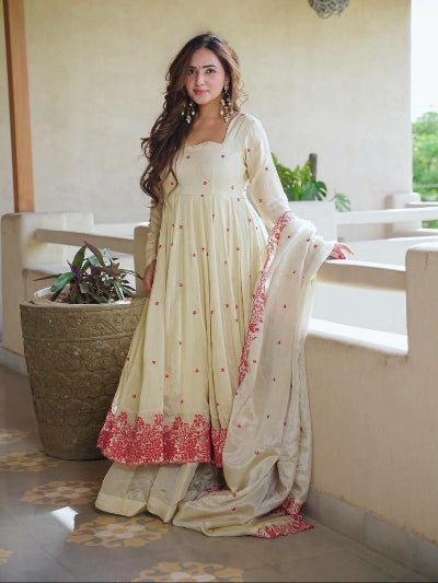 Ivory Cream Embroidered Silk Anarkali Gown Suit Set for Women - BONYHUBSALWAR KAMEEZ
