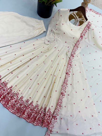 Ivory Cream Embroidered Silk Anarkali Gown Suit Set for Women - BONYHUBSALWAR KAMEEZ