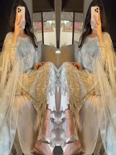 Ivory Cream Soft Net Embroidery Work Straight Suit Set - BONYHUBSALWAR KAMEEZ