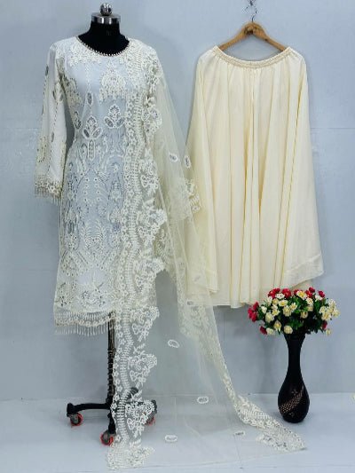 Ivory Cream Soft Net Embroidery Work Straight Suit Set - BONYHUBSALWAR KAMEEZ