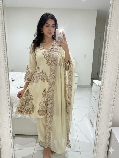 Ivory Cream Embroidery Work Suit Set - BONYHUBSALWAR KAMEEZ