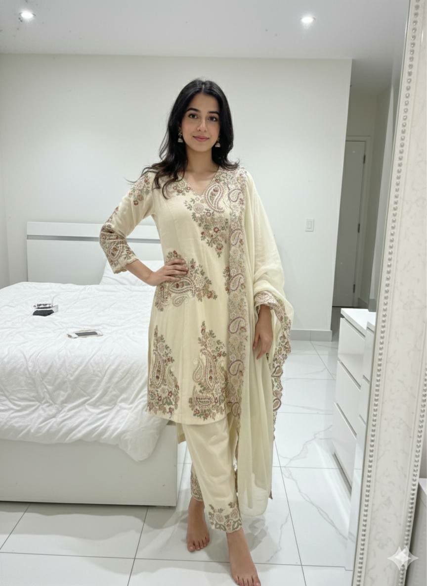 Ivory Cream Embroidery Work Suit Set - BONYHUBSALWAR KAMEEZ