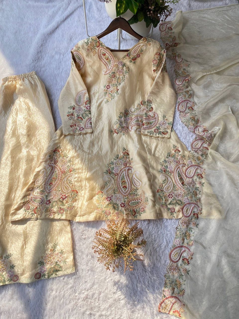 Ivory Cream Embroidery Work Suit Set - BONYHUBSALWAR KAMEEZ
