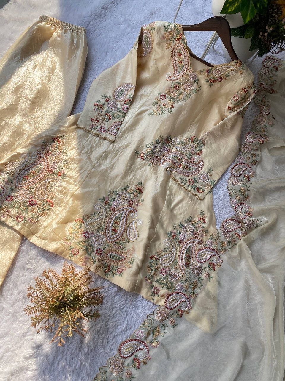 Ivory Cream Embroidery Work Suit Set - BONYHUBSALWAR KAMEEZ