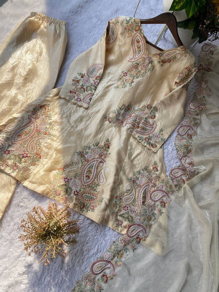 Ivory Cream Embroidery Work Suit Set - BONYHUBSALWAR KAMEEZ