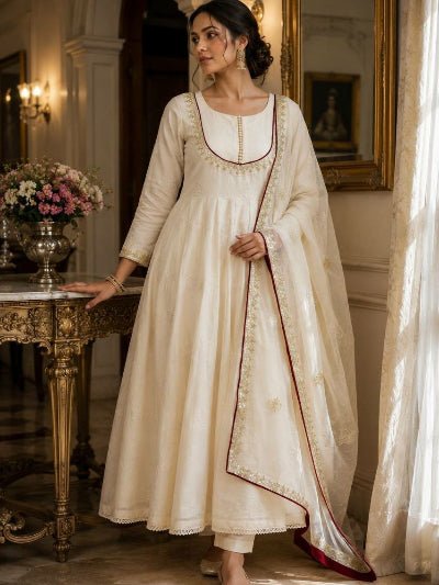 Ivory Cream Gold Embroidered Anarkali Suit for Women | Asian Ethnic Wear UK - BONYHUBSALWAR KAMEEZ