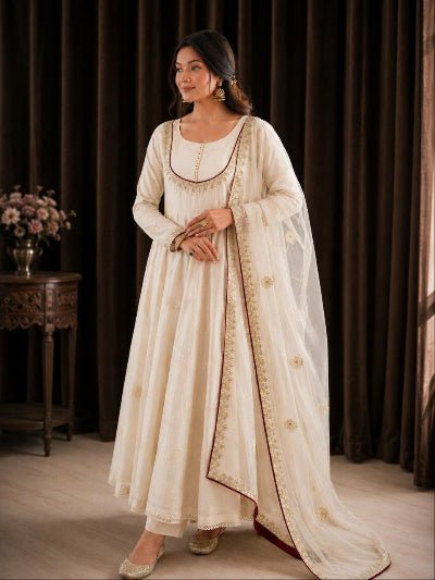 Ivory Cream Gold Embroidered Anarkali Suit for Women | Asian Ethnic Wear UK - BONYHUBSALWAR KAMEEZ