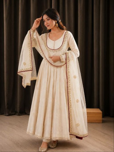 Ivory Cream Gold Embroidered Anarkali Suit for Women | Asian Ethnic Wear UK - BONYHUBSALWAR KAMEEZ