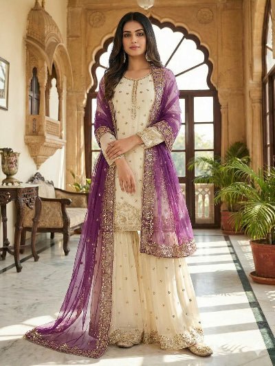 Ivory Cream Gold Embroidery Sharara With Purple Dupatta - BONYHUBSALWAR KAMEEZ