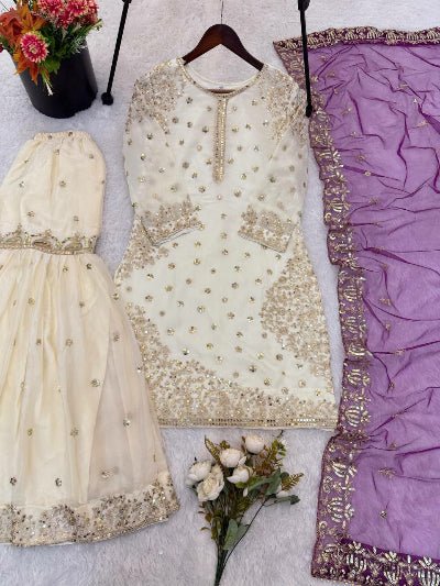 Ivory Cream Gold Embroidery Sharara With Purple Dupatta - BONYHUBSALWAR KAMEEZ