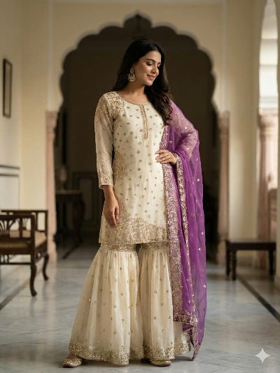 Ivory Cream Gold Embroidery Sharara With Purple Dupatta - BONYHUBSALWAR KAMEEZ