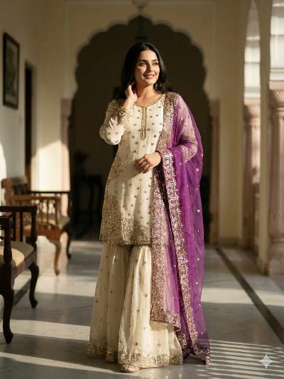Ivory Cream Gold Embroidery Sharara With Purple Dupatta - BONYHUBSALWAR KAMEEZ