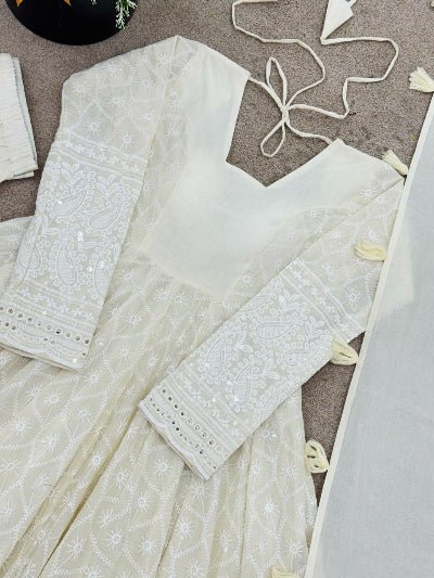 Ivory Cream Lucknowi Anarkali Suit - BONYHUBSALWAR KAMEEZ