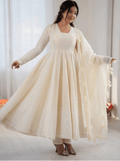 Ivory Cream Lucknowi Anarkali Suit - BONYHUBSALWAR KAMEEZ