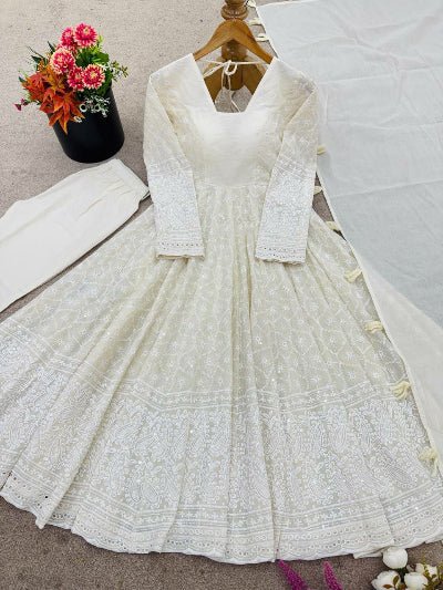 Ivory Cream Lucknowi Anarkali Suit - BONYHUBSALWAR KAMEEZ