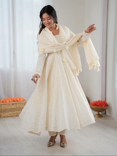 Ivory Cream Lucknowi Anarkali Suit - BONYHUBSALWAR KAMEEZ