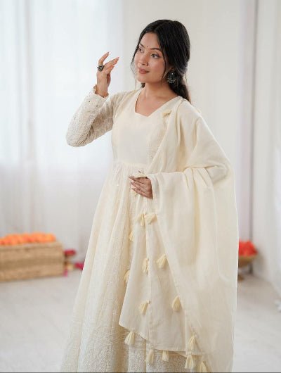 Ivory Cream Lucknowi Anarkali Suit - BONYHUBSALWAR KAMEEZ
