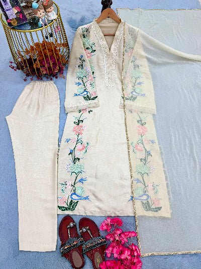 Ivory Floral Embroidered Roman Glass Kaftan Suit Set for Women UK - BONYHUBSALWAR KAMEEZ