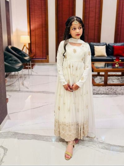 Ivory Gold Kids Embroidery Gown with Dupatta UK Next Day - BONYHUBLehangas
