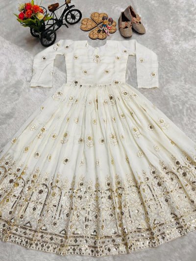 Ivory Gold Kids Embroidery Gown with Dupatta UK Next Day - BONYHUBLehangas
