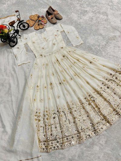 Ivory Gold Kids Embroidery Gown with Dupatta UK Next Day - BONYHUBLehangas