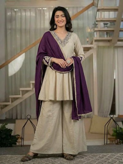 Ivory Gold Peplum Style Palazzo Suit with Purple Dupatta for Women | Asian Ethnic Wear UK - BONYHUBSALWAR KAMEEZ