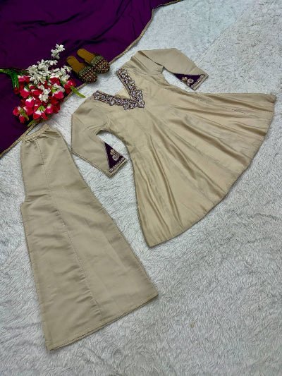 Ivory Gold Peplum Style Palazzo Suit with Purple Dupatta for Women | Asian Ethnic Wear UK - BONYHUBSALWAR KAMEEZ