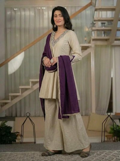 Ivory Gold Peplum Style Palazzo Suit with Purple Dupatta for Women | Asian Ethnic Wear UK - BONYHUBSALWAR KAMEEZ