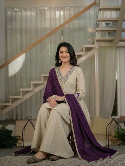 Ivory Gold Peplum Style Palazzo Suit with Purple Dupatta for Women | Asian Ethnic Wear UK - BONYHUBSALWAR KAMEEZ