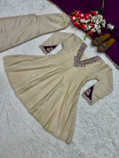 Ivory Gold Peplum Style Palazzo Suit with Purple Dupatta for Women | Asian Ethnic Wear UK - BONYHUBSALWAR KAMEEZ