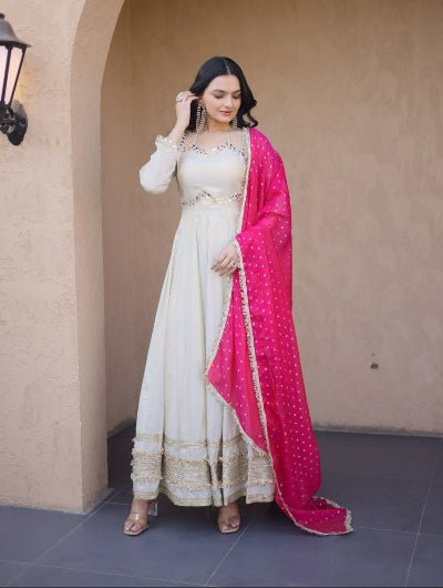 Ivory Gold Zari Work Anarkali Gown Dupatta Set Of 2 - BONYHUBSALWAR KAMEEZ