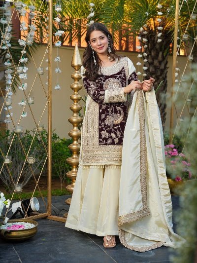 Ivory Maroon Velvet Organza Embroidered Sharara Suit - BONYHUBSALWAR KAMEEZ