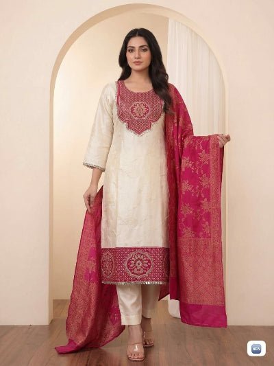 Ivory Pure Banarasi Weaving Suit with Red Dupatta - BONYHUBSALWAR KAMEEZ