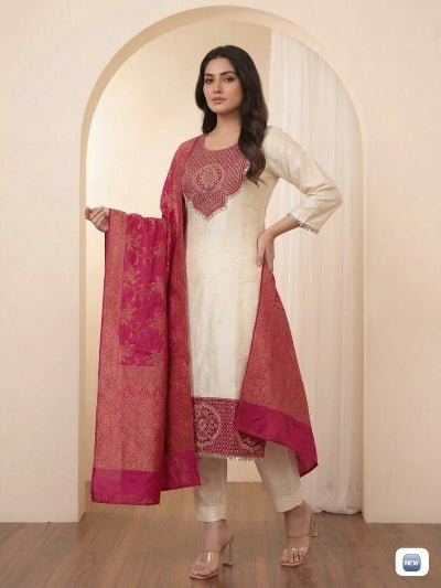 Ivory Pure Banarasi Weaving Suit with Red Dupatta - BONYHUBSALWAR KAMEEZ
