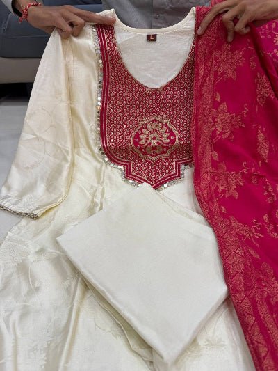 Ivory Pure Banarasi Weaving Suit with Red Dupatta - BONYHUBSALWAR KAMEEZ