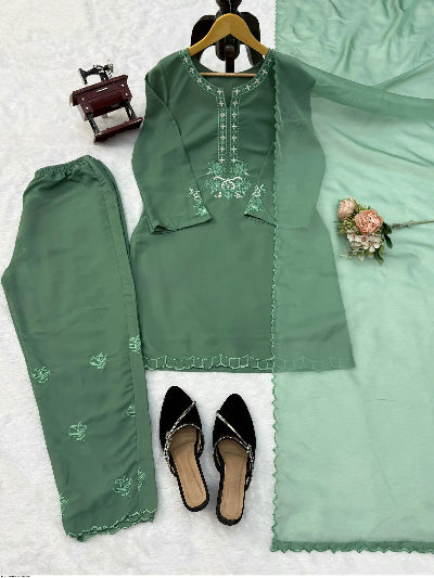 Sage Green Thread Embroidery Work Salwar Suit Set