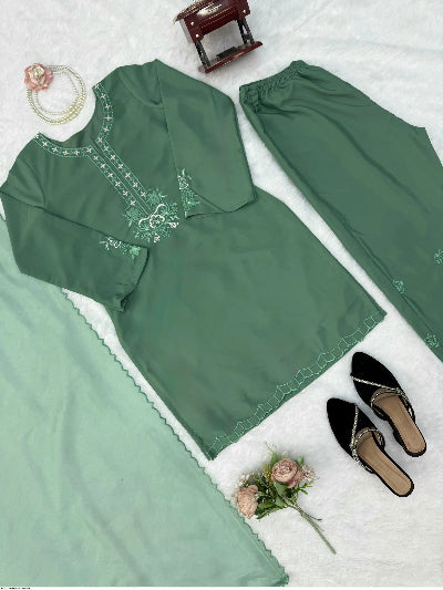 Sage Green Thread Embroidery Work Salwar Suit Set