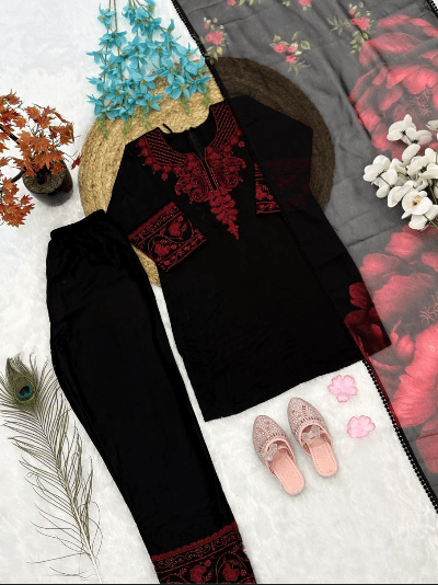 Kids Black Red Embroidered Suit | 3 Piece Festive Outfit - BONYHUBLehangas