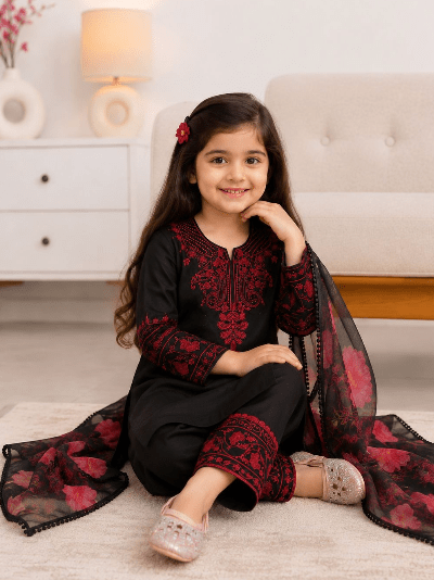 Kids Black Red Embroidered Suit | 3 Piece Festive Outfit - BONYHUBLehangas