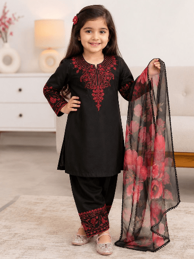 Kids Black Red Embroidered Suit | 3 Piece Festive Outfit - BONYHUBLehangas