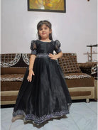 Kids Black Silk Embroidered Gown with Swarovski Work - BONYHUB